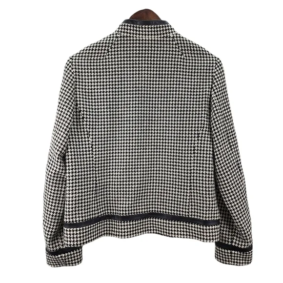Pendleton Black & White Houndstooth 100% Wool Lamb Leather Trim Zip Up B…